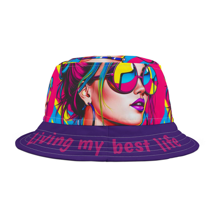 Bucket Hat - Girl with Sunglasses 'Living my best life' Purple Brim