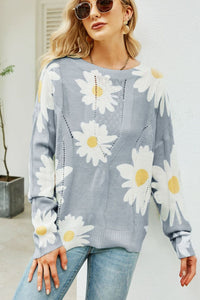 Angel Wings Daisy Print Openwork Round Neck Sweater