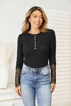 Load image into Gallery viewer, Double Take Crochet Lace Hem Sleeve Button Top