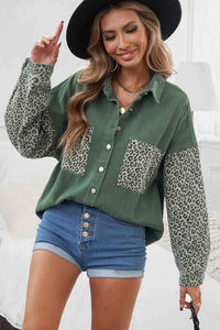 Double Take Leopard Contrast Denim Top